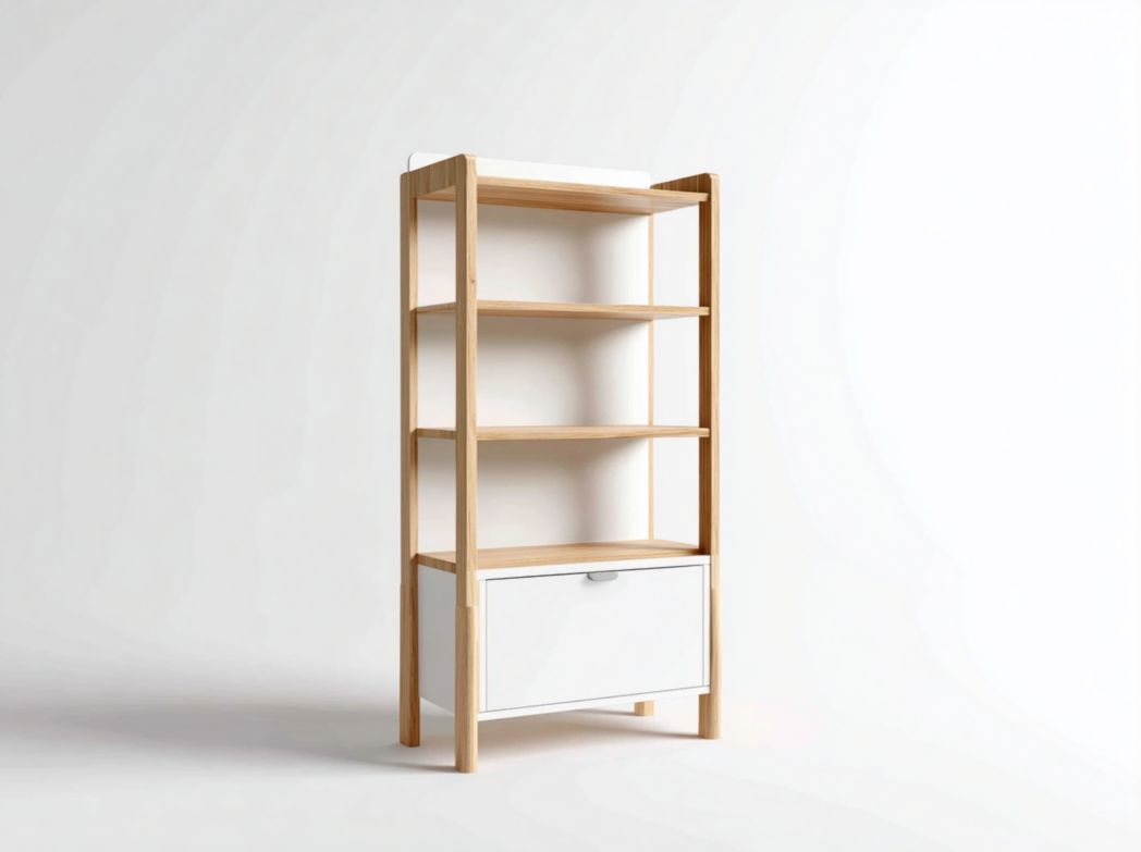 Bibliothèque en bois avec trois étagères ouvertes et armoire à une porte