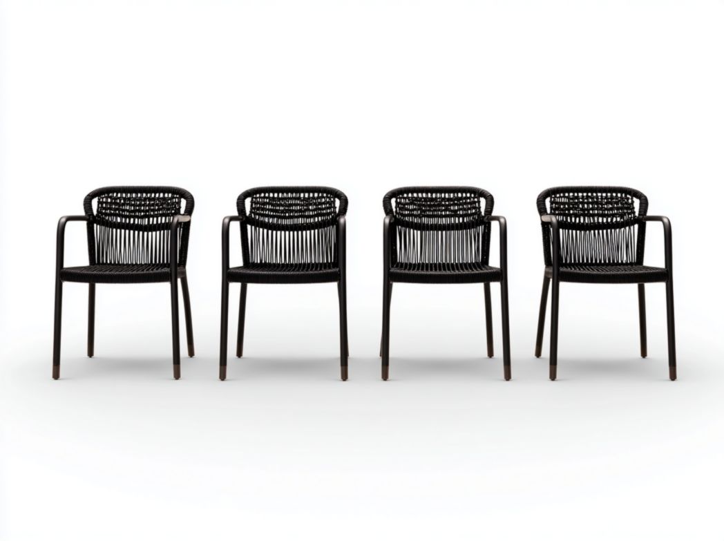 Lot de 4 chaises de jardin en métal noir avec cordage, dossier rond et accoudoirs