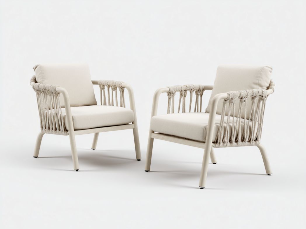 Lot de 2 fauteuils de jardin en métal beige avec cordage, coussins et dossiers assortis, accoudoirs inclus