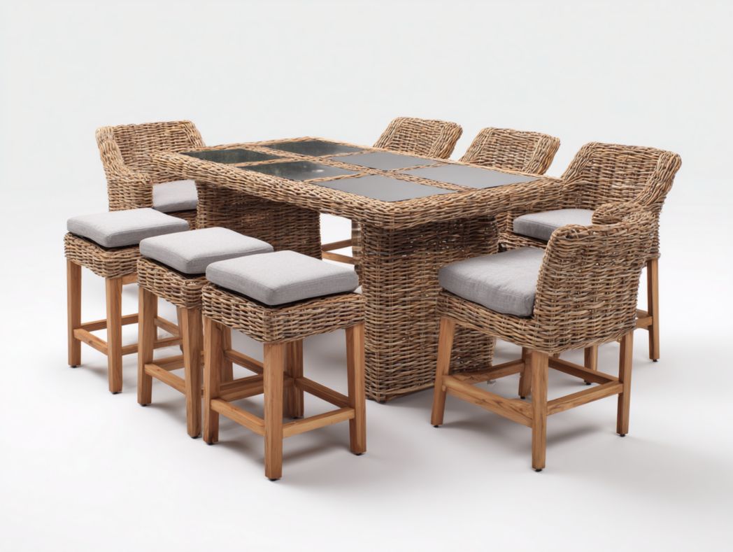 Ensemble table à manger et chaises de jardin avec cadre en rotin et plateau en verre, une table et huit chaises