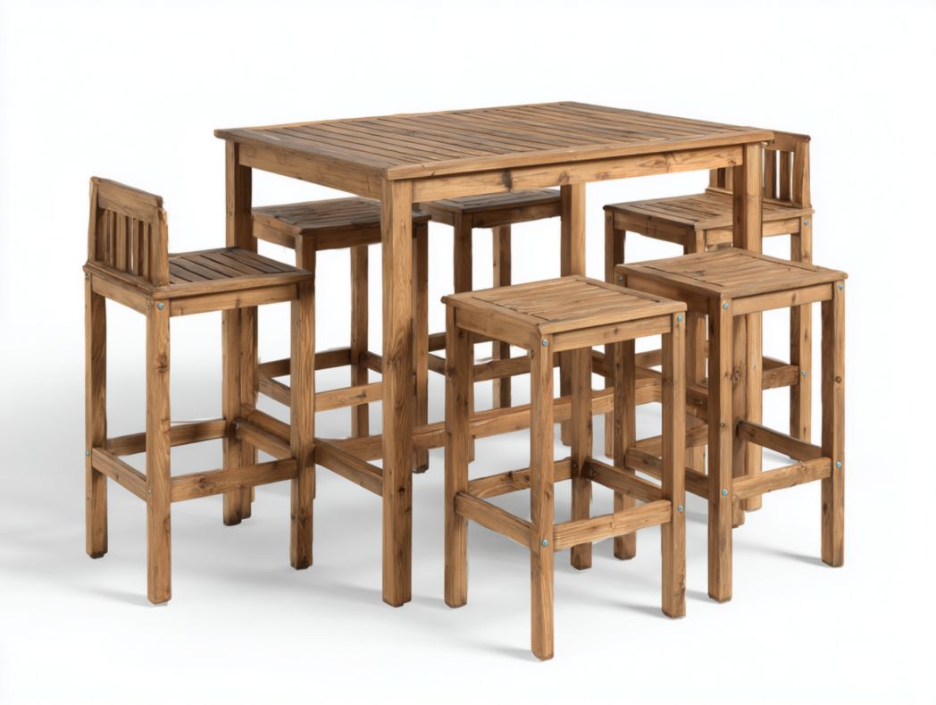 Ensemble bar de jardin – table rectangulaire en bois naturel avec 6 tabourets hauts