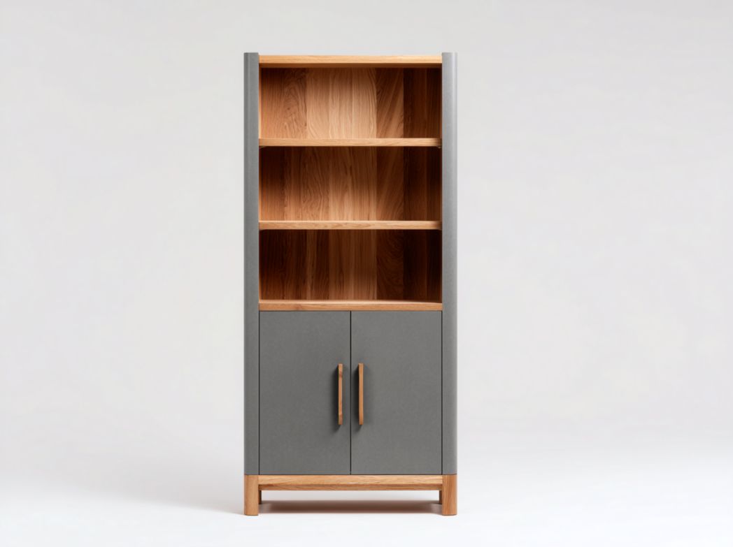 Bibliothèque en bois et gris foncé avec portes doubles et étagères ouvertes