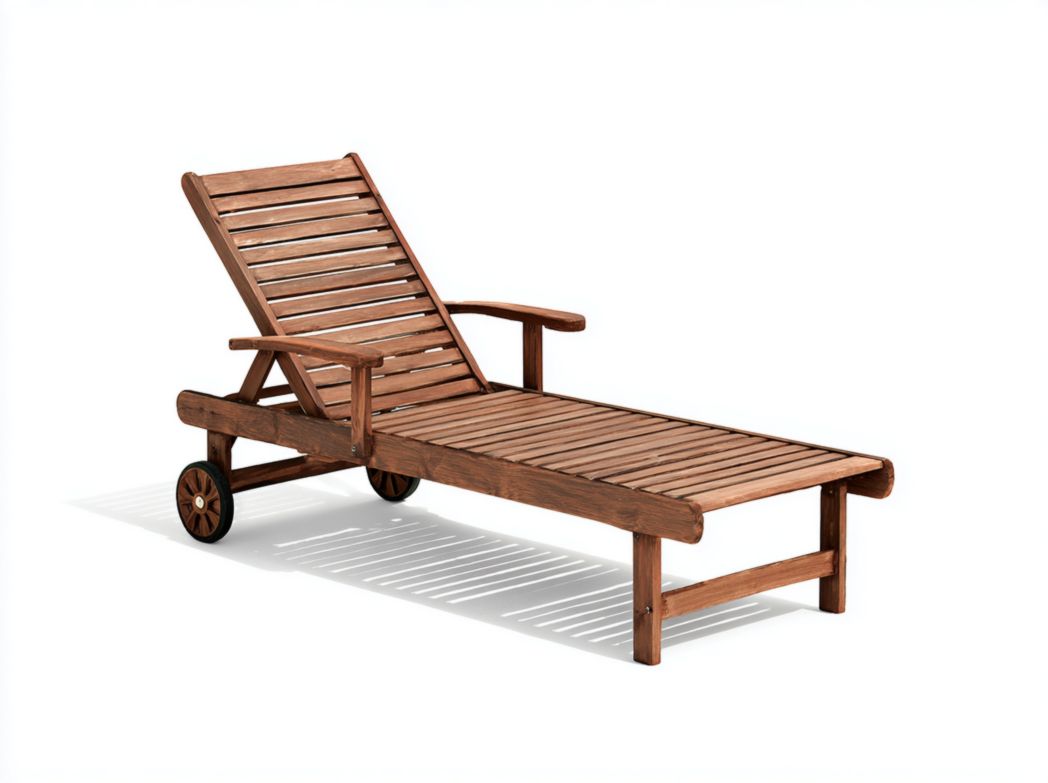 Chaise longue en bois brun avec dossier réglable et roues