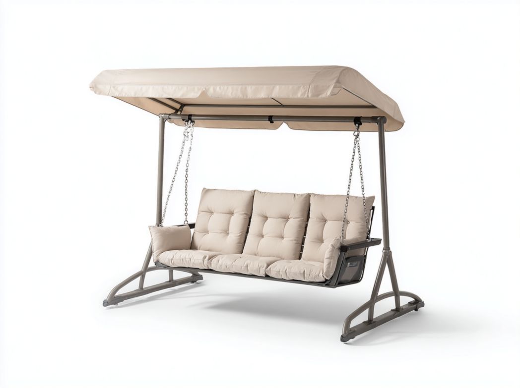 Balancelle 3 places avec structure métallique, coussins beige et toit assorti