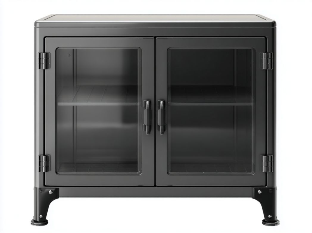 Vitrine en métal noir avec double porte vitrée et deux niveaux de rangement