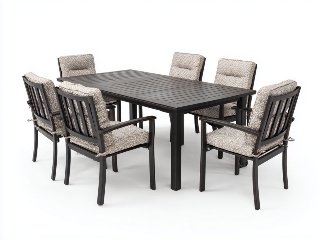 Ensemble de jardin avec table rectangulaire noire et six chaises avec coussins à motifs