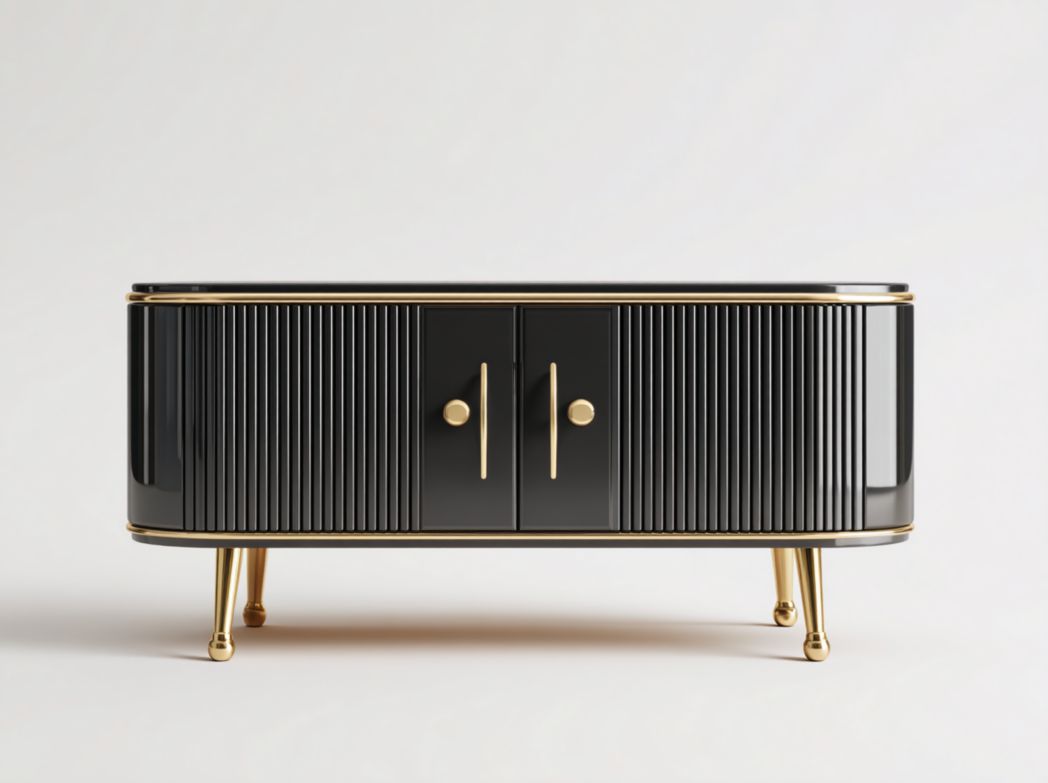 Meuble TV noir avec finition rainurée et deux portes sur pieds métalliques