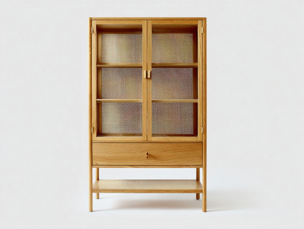 Vitrine en bois avec portes doubles tressées, un tiroir et une étagère basse