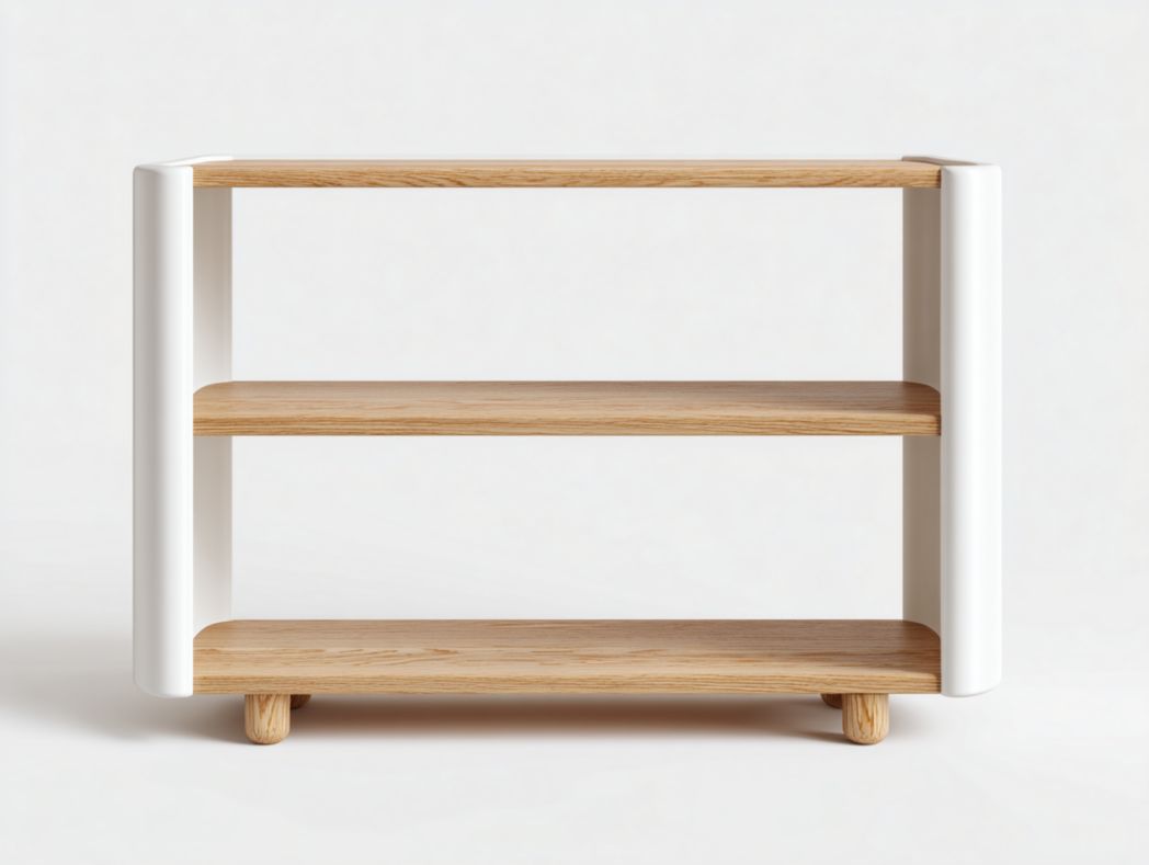 Bibliothèque à trois étagères bois et cadre blanc ouvert