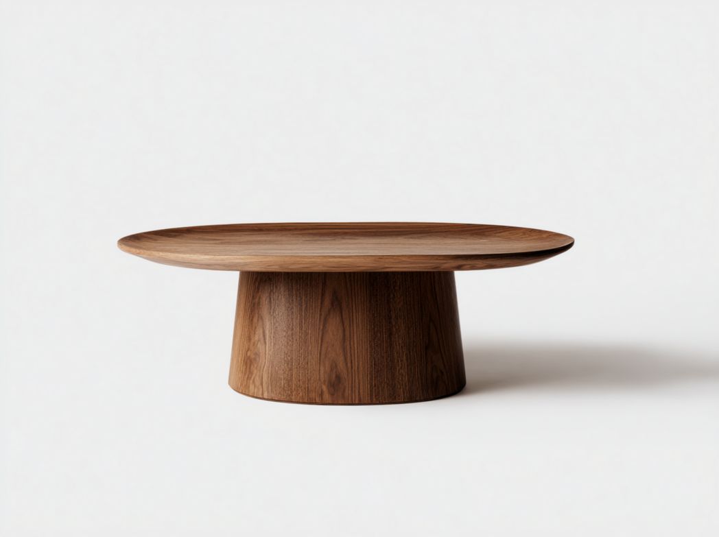 Table basse ronde avec plateau en bois foncé et base en tronc de cône