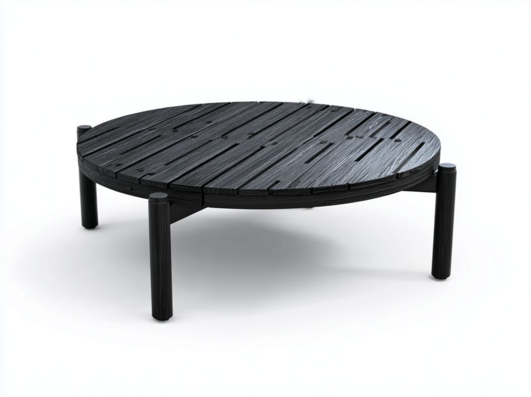 Table basse de jardin ronde en bois noir, plateau à lattes