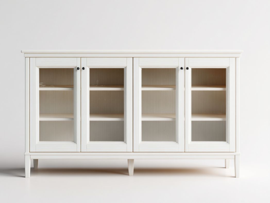 Meuble TV en bois blanc avec quatre portes vitrées et espaces de rangement à étagères