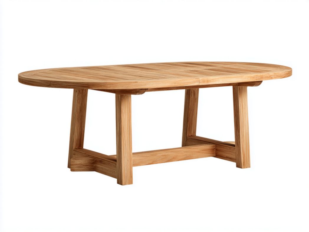Table de jardin ovale en bois massif couleur naturelle avec piètement à quatre pieds et traverse