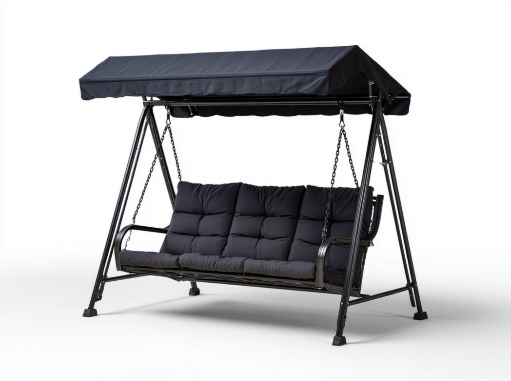 Balancelle 3 places en métal avec coussins et auvent noirs