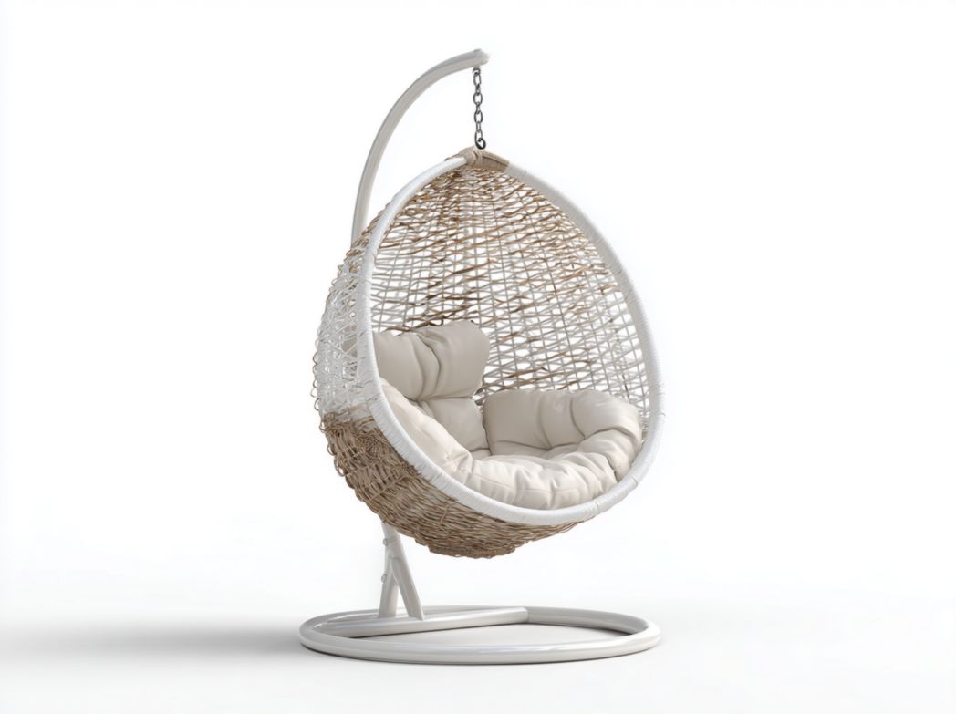 Fauteuil suspendu en métal blanc avec siège en rotin beige et coussin écru