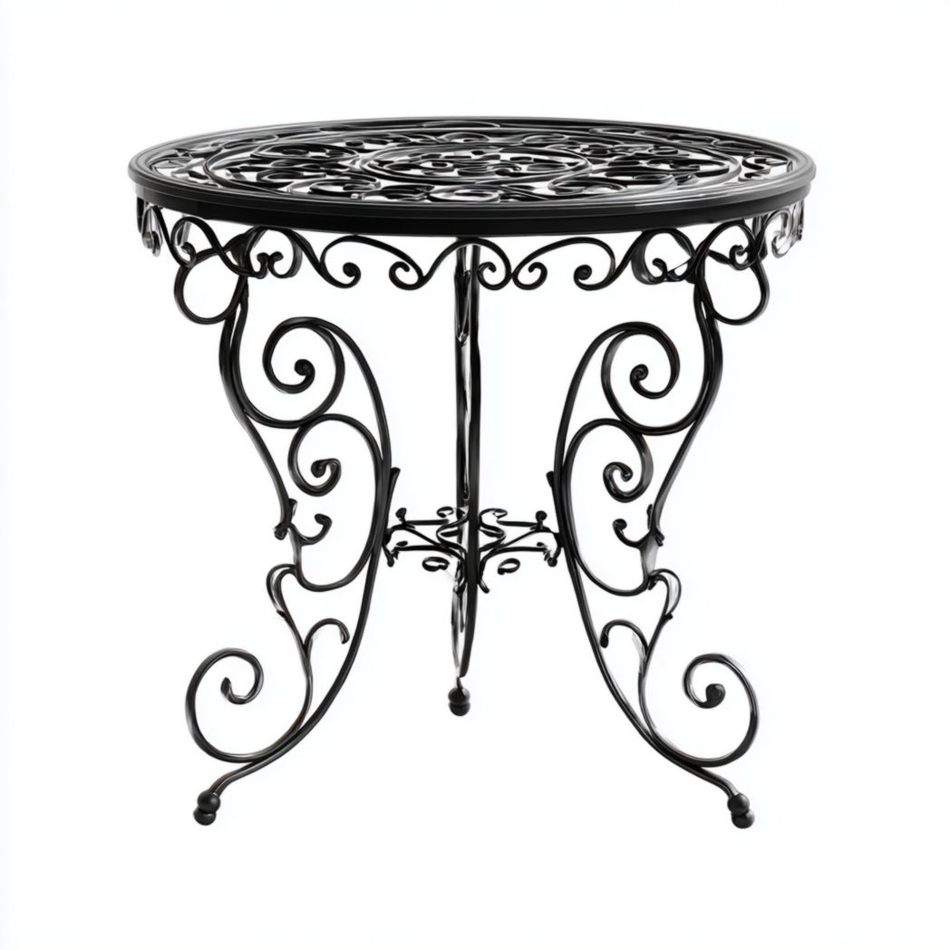 Table de jardin ronde en métal noir avec plateau ajouré et piètement à volutes