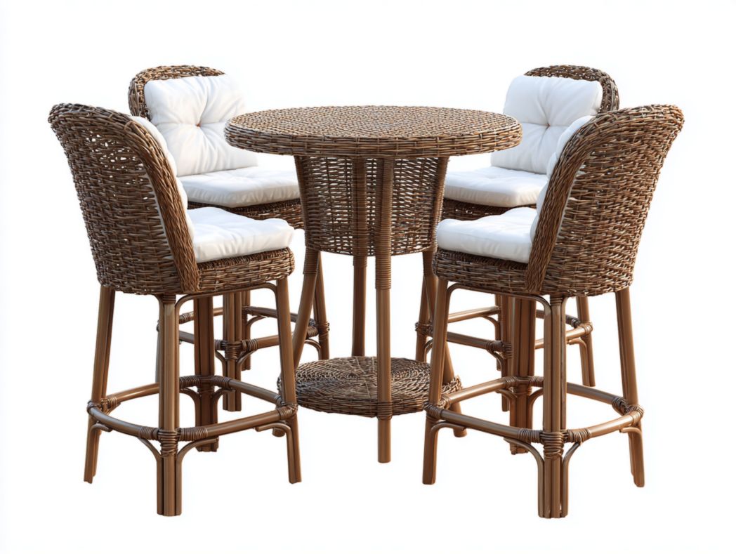 Ensemble bar de jardin en rotin brun – 1 table ronde et 4 chaises hautes avec coussins blancs