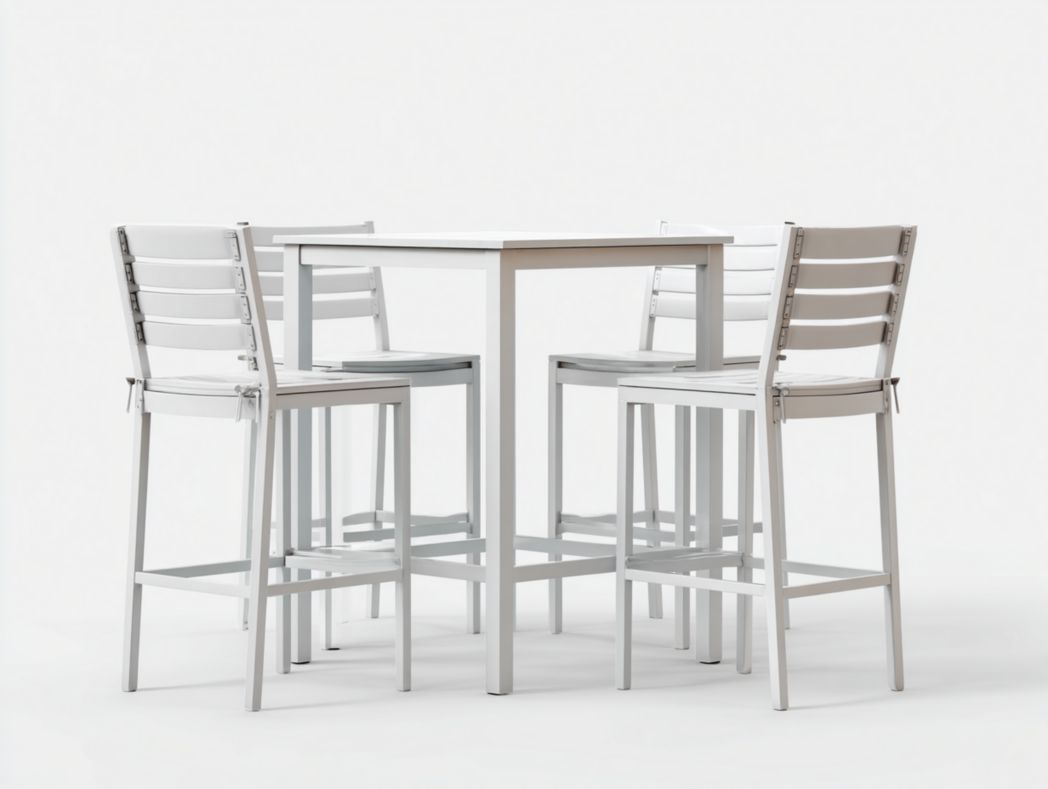 Ensemble bar de jardin en aluminium blanc, 1 table carrée et 4 tabourets hauts