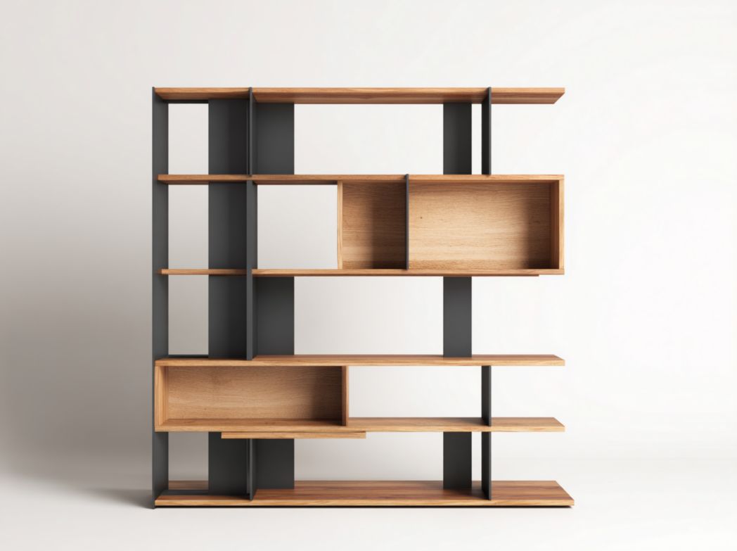 Bibliothèque en bois et métal noir avec étagères ouvertes et deux compartiments carrés