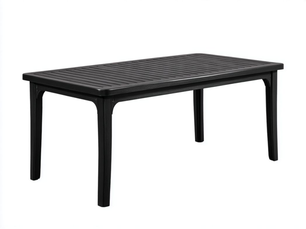 Table de jardin rectangulaire en plastique noir avec plateau ajouré et piètement à quatre pieds