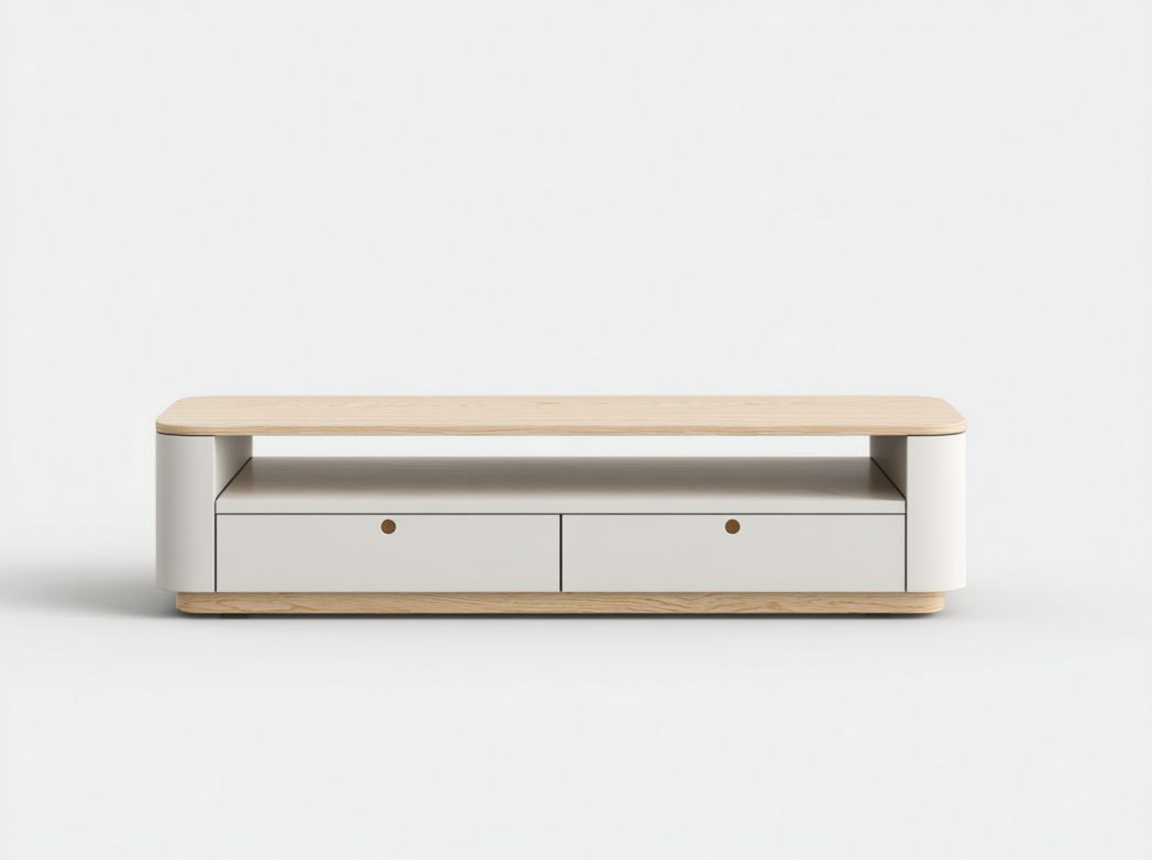 Meuble TV blanc et bois clair, design rectangulaire à coins arrondis avec deux tiroirs et un espace ouvert