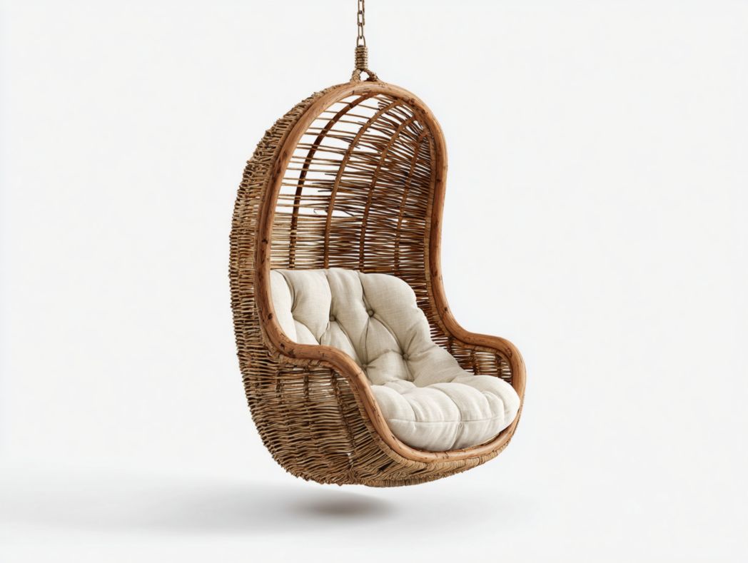 Fauteuil suspendu en rotin marron clair avec dossier haut et coussin écru