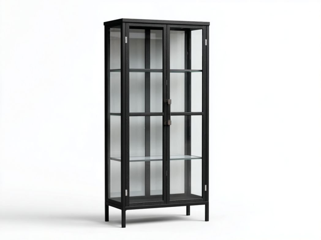 Vitrine en bois noir avec double porte vitrée et trois étagères en verre
