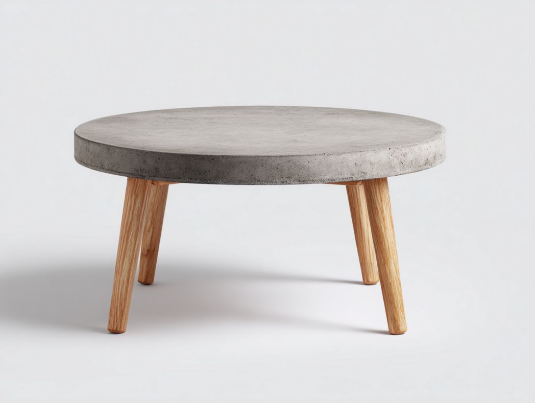 Table basse de jardin ronde en béton gris avec pieds en bois