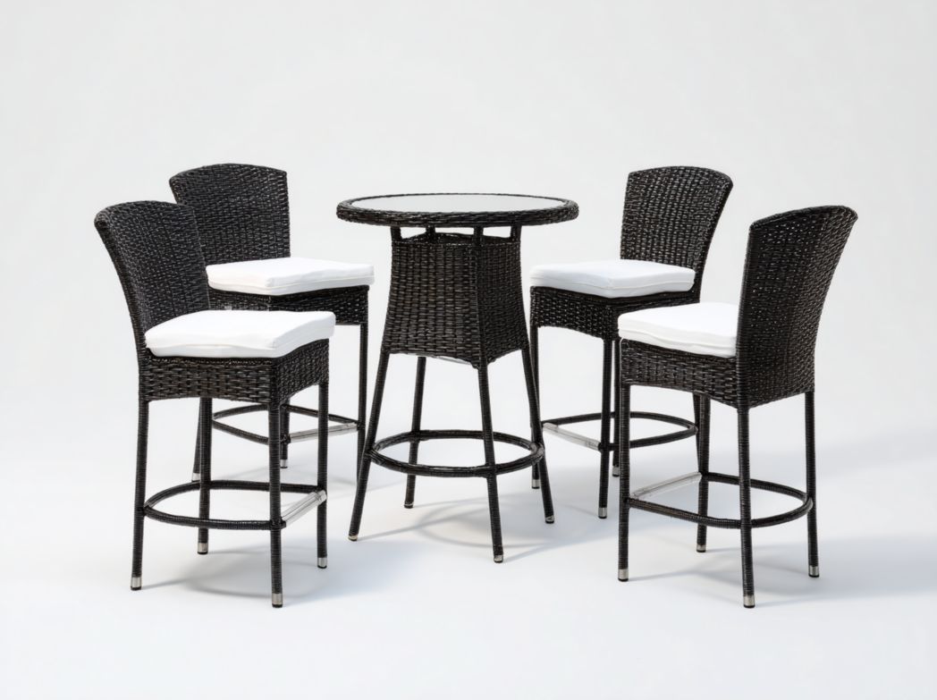 Ensemble bar de jardin – table ronde en résine tressée noire avec 4 tabourets hauts et coussins blancs