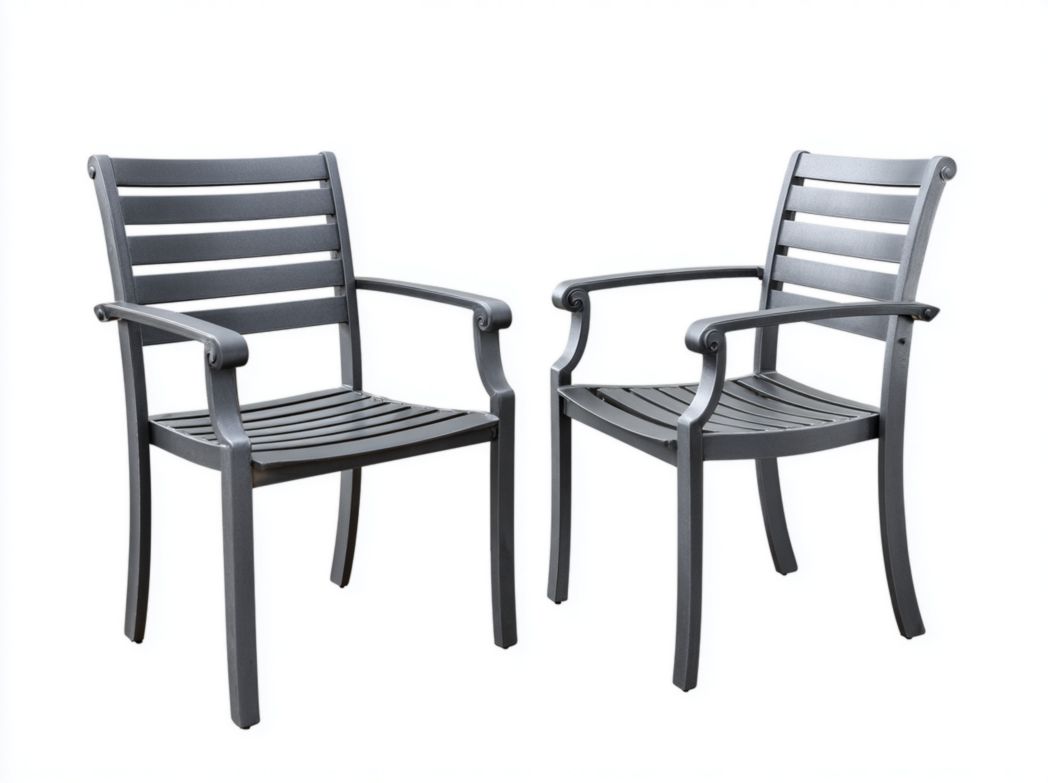 Lot de 2 chaises de jardin en métal gris, design à lattes, dossier droit avec accoudoirs