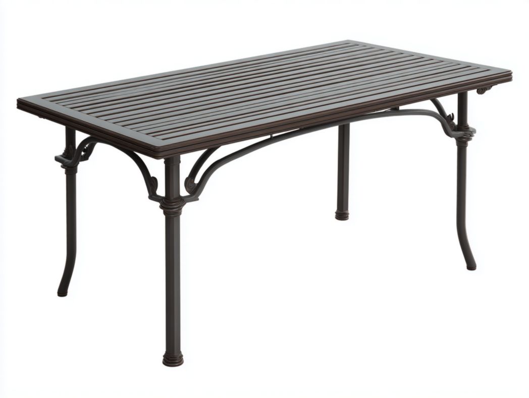 Table de jardin rectangulaire métal brun avec plateau ajouré à lattes et pieds courbés