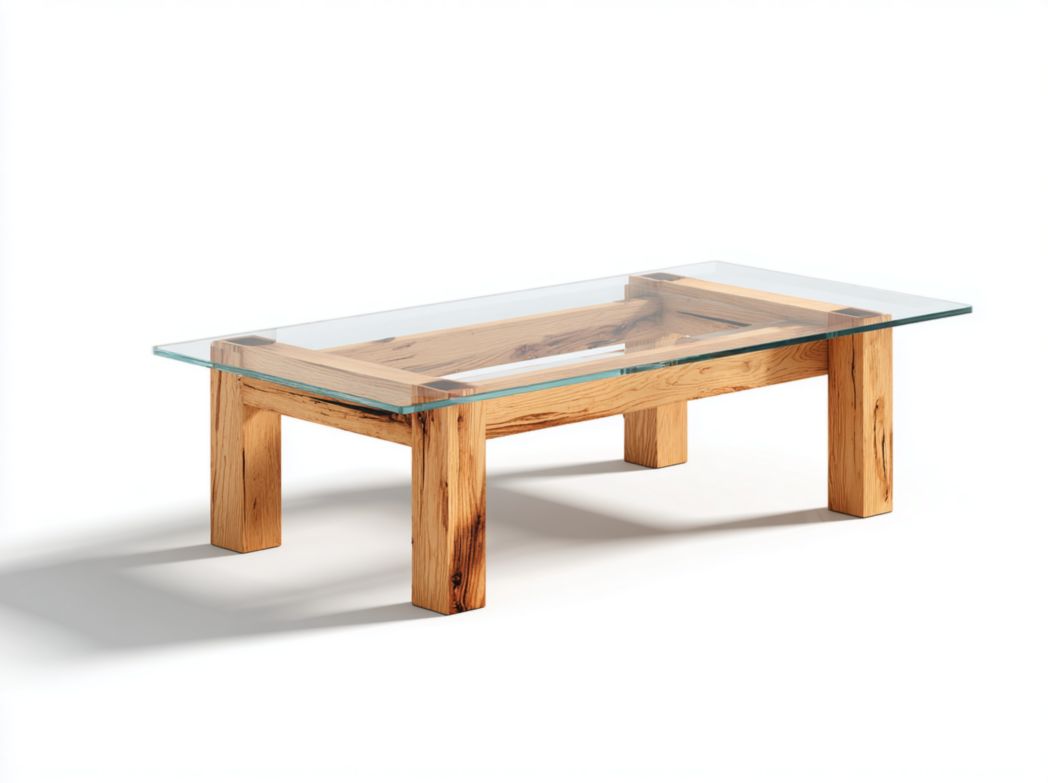 Table basse rectangulaire avec plateau en verre transparent et structure en bois