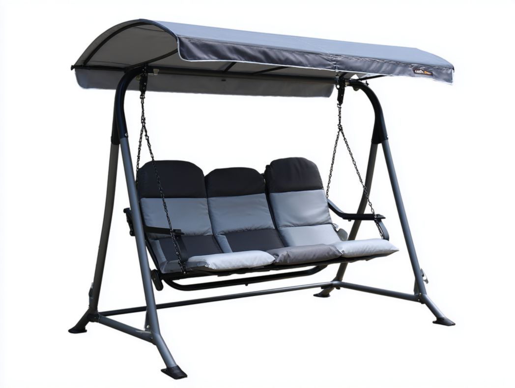 Balancelle 3 places en métal avec auvent gris et coussins bicolores