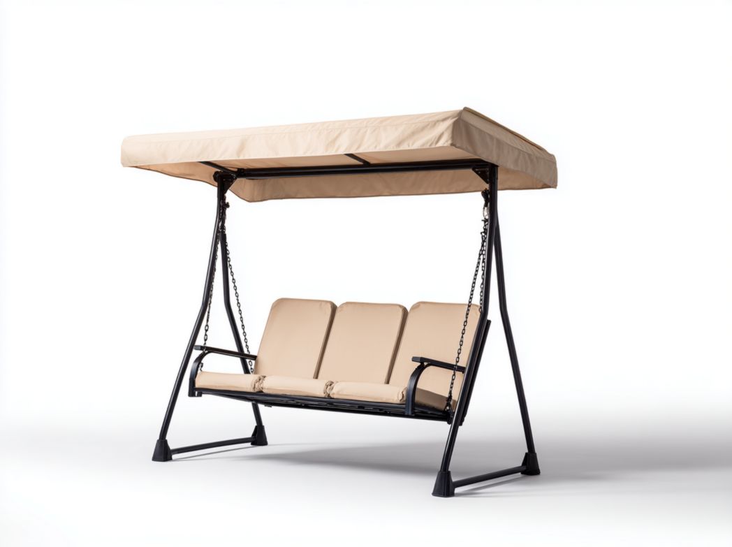 Balancelle 3 places en métal avec coussins beiges et toit assorti