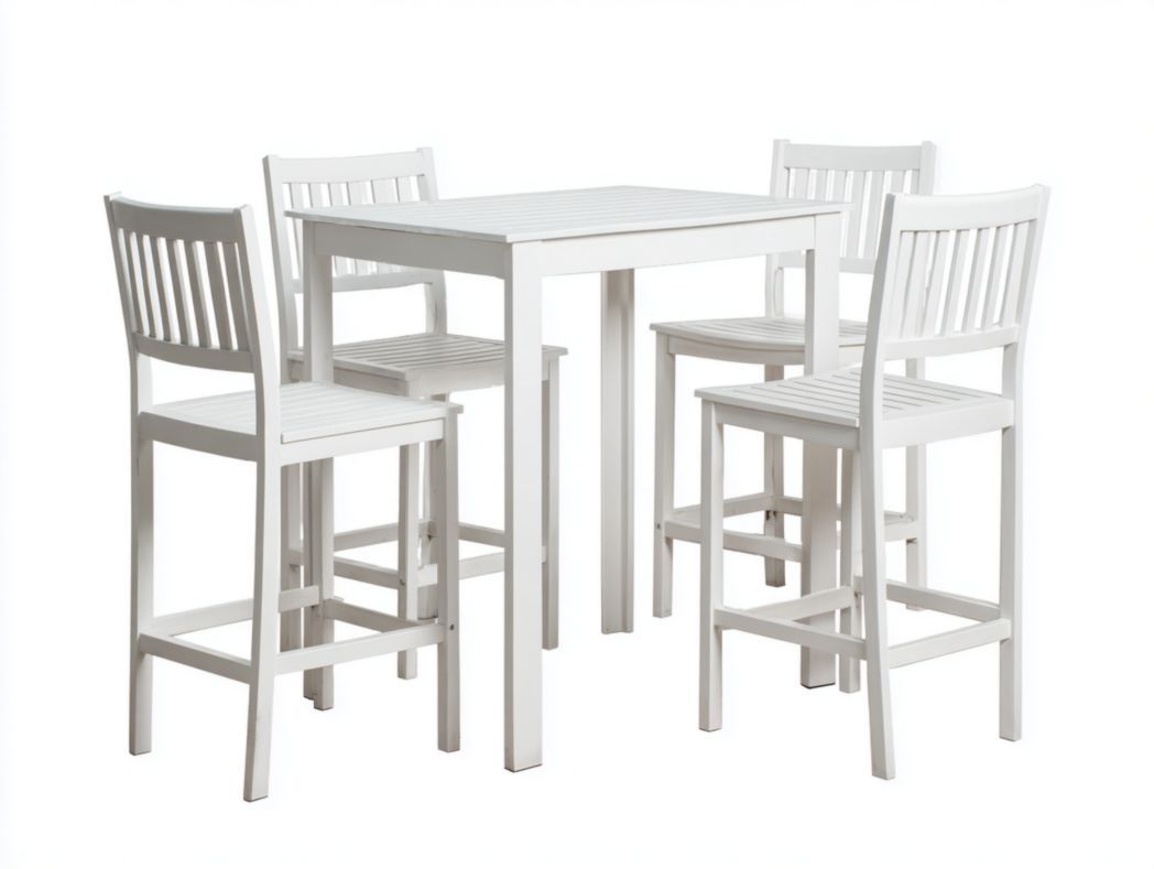 Ensemble bar de jardin en bois blanc – 1 table carrée et 4 chaises hautes