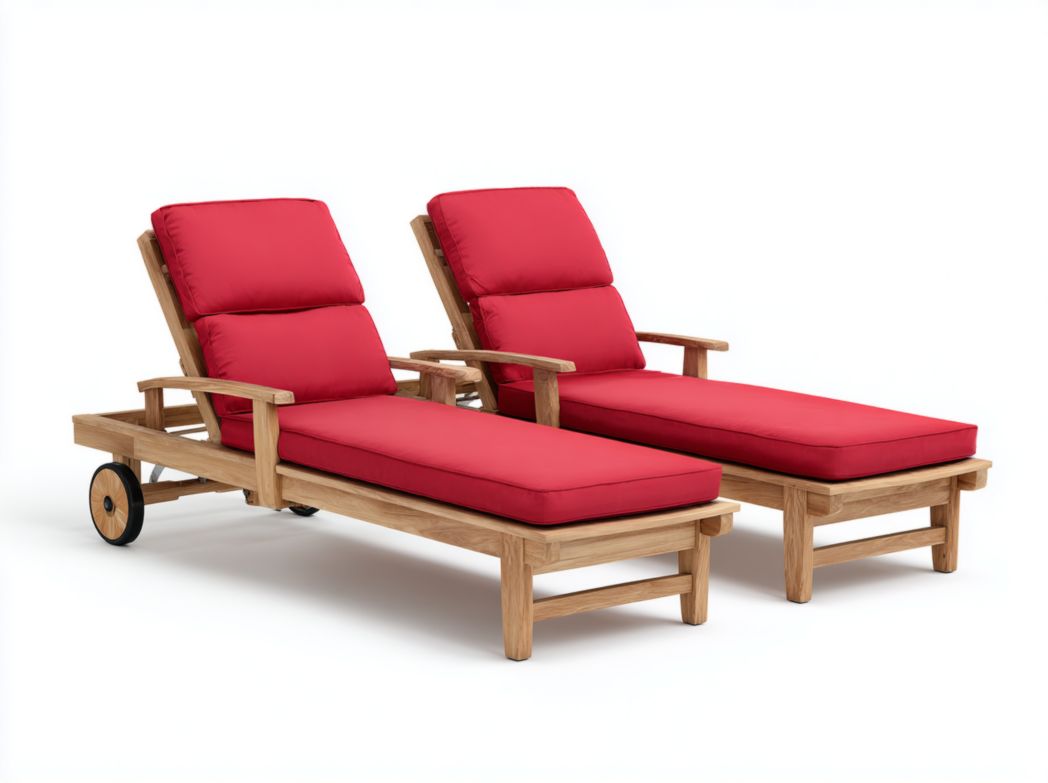 Lot de 2 chaises longues en bois avec coussins rouges