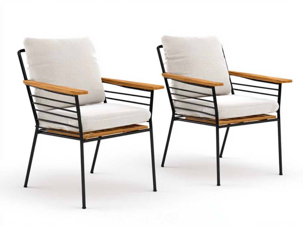 Lot de 2 chaises de jardin en métal noir avec accoudoirs en bois et coussins beige