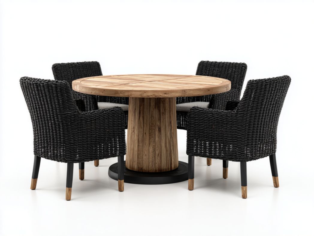 Ensemble de jardin avec table ronde en bois et quatre chaises en rotin noir