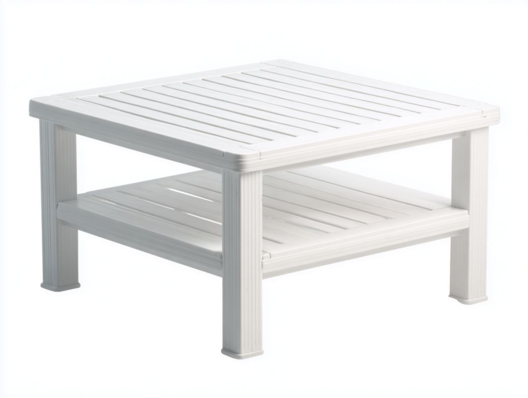 Table basse de jardin carrée en plastique blanc à deux niveaux avec plateau à lattes