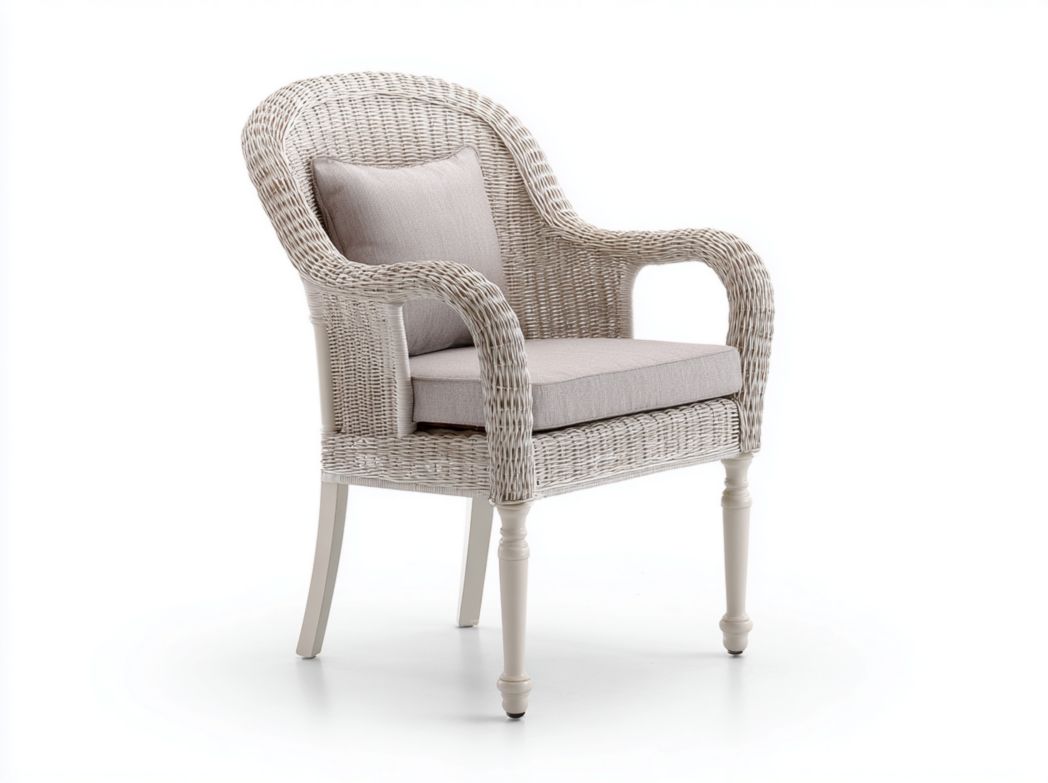 Fauteuil de jardin en rotin blanc｜dossier arrondi｜coussin d’assise et dossier en tissu｜1 pièce