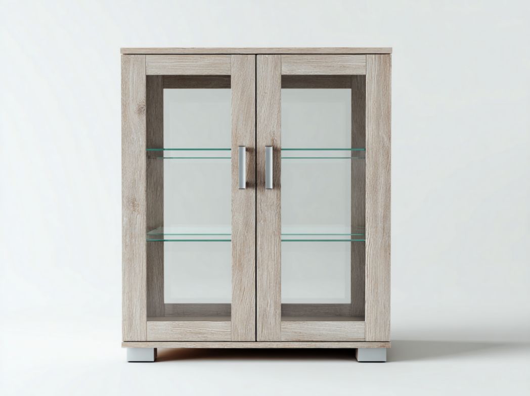 Vitrine en bois gris blanchi avec deux portes vitrées et trois niveaux