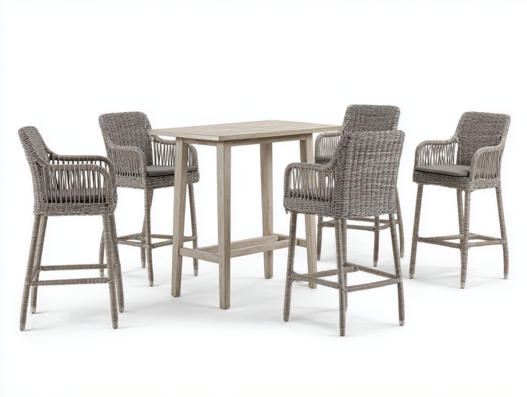 Ensemble de bar de jardin avec structure en rotin gris, 1 table carrée et 5 chaises hautes