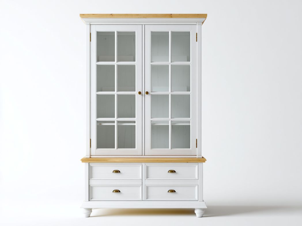 Vitrine en bois blanc avec portes vitrées, quatre tiroirs et plateau en bois naturel