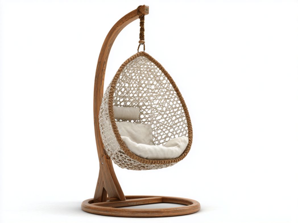 Fauteuil suspendu œuf avec support en bois et assise tissée blanche, coussin beige