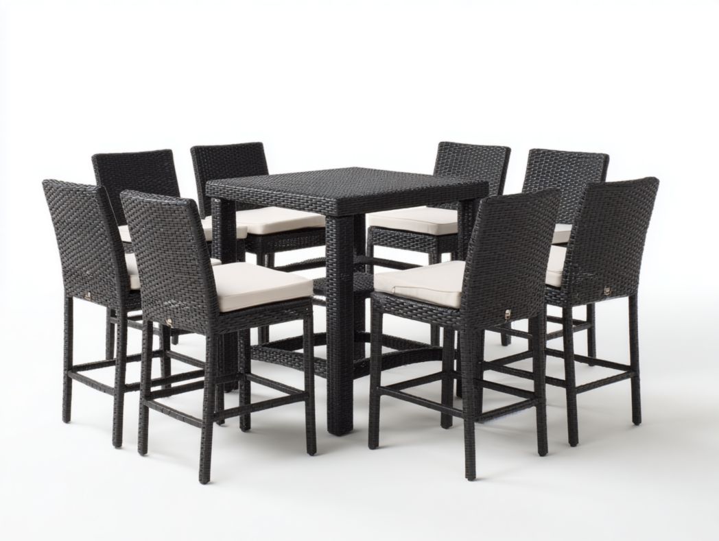 Ensemble bar de jardin en rotin synthétique noir, 1 table carrée et 8 tabourets hauts avec coussins