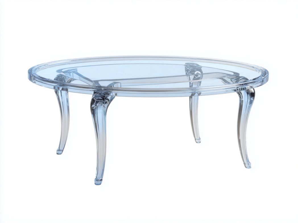 Table basse ovale avec plateau en verre transparent et pieds galbés