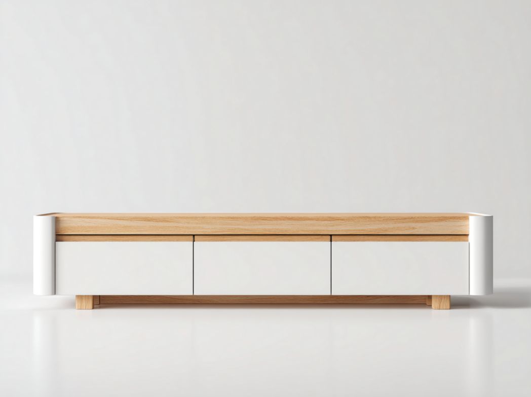 Meuble TV blanc et bois avec trois tiroirs et plateau supérieur en bois