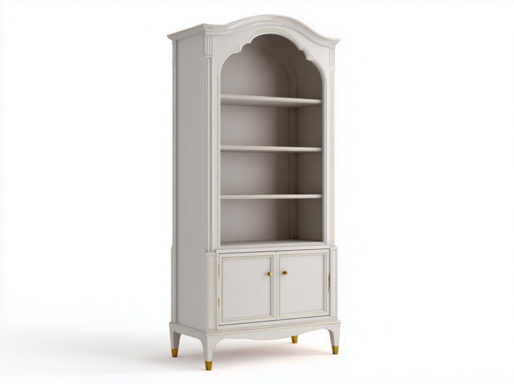 Bibliothèque beige à sommet arrondi trois étagères ouvertes avec armoire à deux portes