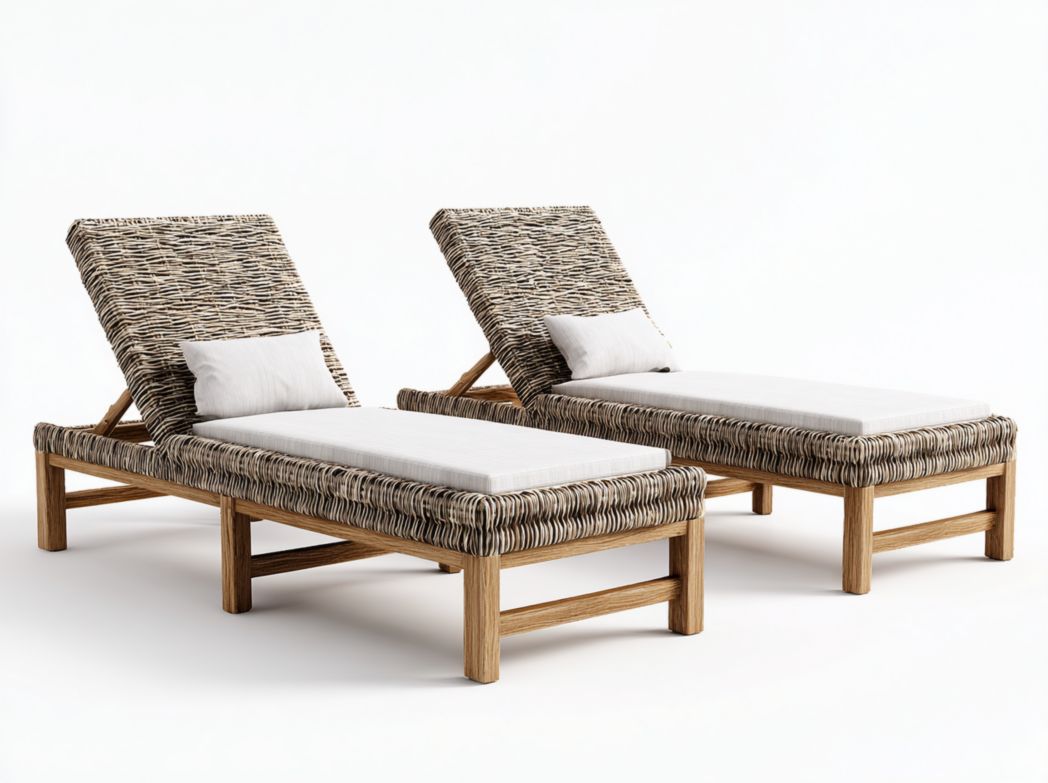 Lot de 2 chaises longues en rotin avec coussins gris clair et oreillers