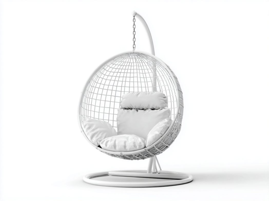 Fauteuil suspendu en métal blanc avec siège ovale en grille et coussins blancs